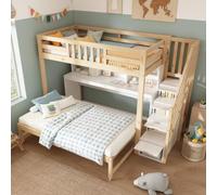 Lits superposés en bois 90 x 200 et 90 x 190 avec roulettes | bureau mobile, armoire à étagères en escalier et étagère
