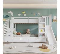 Lits superposés Flieks 90 x 200 cm avec 2 tiroirs, lit enfant avec toboggan, lit mezzanine enfant avec escalier de rangement et sommier à lattes, blanc