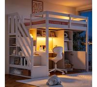 Lits superposés Flieks 90x200 cm avec bureau et espace de rangement, lit superposé avec éclairage LED et fonction de charge, lit pour enfant/adolescent avec escalier, blanc