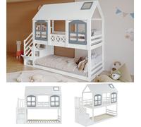 Lits superposés, lit d'enfant, lit d'enfant avec toit et fenêtre, équipé d'une barrière de sécurité, avec 3 casiers dans l'escalier, nombreux espaces de rangement,