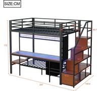 Lits superposés/lits mezzanine - Structure métallique - Avec bureau - Éclairage LED - Prises électriques - Rangement ouvert et tiroirs en tissu - 140 x 200 cm - Noir