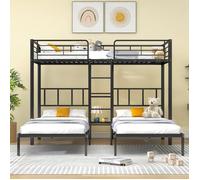 lits superposésLit triple 90x200cm noir avec escalier grille parachute et table - Meuble enfant & jeune- ados(sans Matelas)