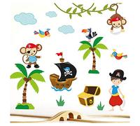 Little Deco - DL214-5 - Sticker mural pour chambre de bébé, garçon - Motif : pirate, bateau pirate, animaux, singes - 2 feuilles A4