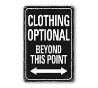 Liukliut Panneau vintage en métal « Clothing Optional Beyond This Point » - Décoration murale pour chambre - Cadeau pour homme - Noir - 30,5 x 20,3 cm