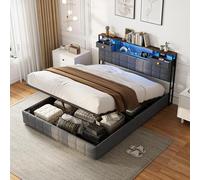 Liuyoyo Lit double rembourré 160 x 200 cm, lit hydraulique avec sommier à lattes, lit pour adolescent avec rangement, lit à ressorts avec rangement, tête de lit avec 2 tiroirs, velours, gris