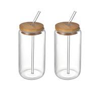 Liuyoyo Lot de 2 tasses en verre avec couvercles en bambou et pailles en verre, verres réutilisables pour smoothie, canette de bière - Convient pour le thé, le café glacé