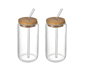 Liuyoyo Lot de 2 tasses en verre avec couvercles en bambou et pailles en verre, verres réutilisables pour smoothie, canette de bière - Convient pour le thé, le café glacé