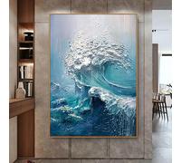 LIUYUYOUGO Grand Tableau Decoration Murale Tableau Abstrait Représentant Des Vagues Océaniques Peint À La Main En 3D Paysage Texturé Bleu Et Blanc Peinture À L'Huile Sans Cadre Paysage Marin Ar