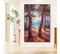 LIUYUYOUGO Peinture À L'Huile Texturée Peinte À La Main Représentant Un Pin Méditerranéen Paysage Côtier Ensoleillé Art Mural Sur Toile Décoration Murale Moderne Pour Salon 60 × 90 Cm (23,