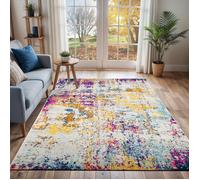 LIVABLISS Tapis de Salon à Poils Courts Doux Abstrait Moderne SARAH 160x220cm Bleu/Jaune/Rose