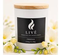 LIVÉ Freesia Bougie parfumée en verre teinté avec couvercle en bois, 35 h de durée de vie, paraffine thérapeutique, parfum pour maison, décoration et cadeau, réutilisable