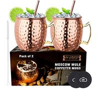 LIVEHITOP Set 2 Moscow Mule Mug Cuivre 530ml Martelé, Moscow Mule Tasse Verres pour Cocktail, Boissons Froides, Fête, Bar, avec sous-Verres