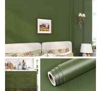 Livelynine Papier Peint Mural Couleur Unie Epais 40CMx10M Lavable Papier Peint Vert Uni Salon Salle de Bain Chambre Papier Adhesif pour Meuble Cuisine Vert Olive Rouleau Adhesif pour Meuble