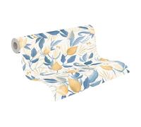 livingwalls papier peint intissé à motifs de fleurs et de feuilles blanc, bleu et jaune - papier peint floral 10,05 m x 0,53 m de COSMOPOLITAN - 790626