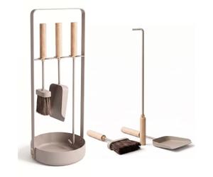 LIVLIG Serviteur de cheminée 3 pièces beige, accessoires pour poêle à bois | Serviteur de cheminée design avec tisonnier, balayette, pelle à cendres et support en métal et bois