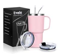 Livole Tasse de voyage de 591 ml avec poignée, bouteille d'eau isotherme à double paroi avec paille et 2 couvercles, gobelet isotherme en acier inoxydable pour boissons froides, 600 ml, rose clair