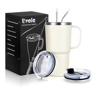 Livole Tasse de voyage de 600 ml avec poignée, gobelet isotherme avec paille et 2 couvercles, bouteille d'eau sous vide à double paroi en acier inoxydable pour boissons froides, blanc cassé