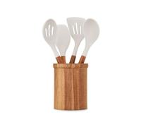 Livoo - Set de 4 ustensiles avec pot MES153G - 4 ustensiles : louche, écumoire, spatule & spatule de service, acacia FSC, silicone, pot 15 * 12 cm, Bois