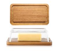 LiWiBet Beurrier en verre 22 x 11 cm en bois d'acacia avec couvercle transparent pour 250 g de beurre, beurrier en bois