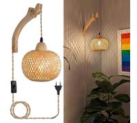 Liyabber Applique Murale Intérieur Vintage avec Prise et Interrupteur | E27 Rétro Bois Lampe Murale Lanterne en Bambou, Lampe de Chevet en Rotin pour Chambre Salon (Sans Ampoule)