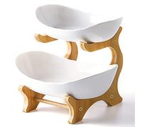 Liywall Bol à fruits en céramique à 2 niveaux avec support en bois de bambou pour comptoir de cuisine, panier à fruits en porcelaine pour stockage de légumes, snack, dessert, gâteau, plateau pour