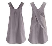 LIZHOUMIL Tablier Femme Coton Lin Uni Style Japonais Coréen Désinvolte Bretelles Croisées Espaceuses 2 Poches Tablier Gris
