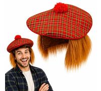 Lizzy | Chapeau Tam O'Shanter | tartan rouge, cheveux orange attachés, taille unique | matériau doux, bande élastique, comprend des tatouages de drapeau écossais | pour événements écossais