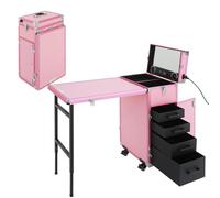 LKHDONG Mallette de maquillage à roulettes avec table et tiroir, grande valise de coiffure, verrouillable, avec miroir et haut-parleur Bluetooth