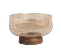 Llazsybz Bol Industriel Grand Saladier Transparent Support Bois Plateau Étagère pour Fruits Rangement Élégant Design Épuré Convient à Cuisine Salon Table Basse, Ambre, Petit
