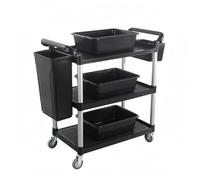 Llazsybz Chariot de Service Commercial Chariot Cuisine Trolley Restaurant Chariot Utilitaire Chariot de Transport Chariot à, Noir, Grand, Trois Bacs, Deux Seaux, Roues Silencieuses avec Frein