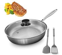 LLELEMAMO Poêle en Titane Pur à 100%, Antiadhésive sans Revêtement, Résistante aux Rayures et Lave-Vaisselle, Chauffage Rapide, avec Spatule, Compatible Induction et Tous Feux (32 Cm With Lid)
