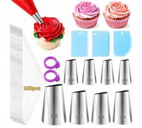 LLMSIX Lot de 8 poches à douille et embouts en forme de pétale, 100 poches à glaçage, 3 grattoirs à gâteau, 2 attaches de poche à pâtisserie, embout de glaçage rose pour roses, nœuds, volants