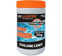 Llofer - Chlore Lent Pastilles 20g Piscine et Spa, 90% Actif - Boite 1kg Désinfection Durable - Eau Claire et Saine,Chlore Permanent