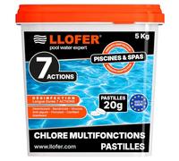 Llofer - Chlore Multifonction en Pastilles de 20g -5kg- Désinfection Longue Durée 7 Actions,Haute Teneur en Chlore (92%), Fabriqué en Europe