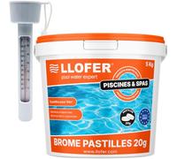 LLOFER - Pack Brome Piscine 5 kg + Thermomètre Piscine Inclus - Pastilles 20 g - Désinfection Longue Durée - sans Odeur de Chlore - Haute Tolérance au pH - Fabriqué en Europe