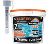 LLOFER - Pack Chlore Lent Piscine 5 kg + Thermomètre Piscine Inclus - Galets 250 g - 90% de Chlore Actif - Désinfection Longue Durée - Fabriqué en Europe