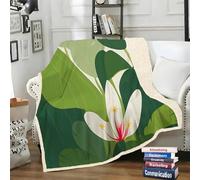 LLSZAHD Plaid Sherpa Double Face Fleur Blanche - Feuilles Vertes - Couverture Chaude Hiver pour Petit Lit Double ou Canapé - Plaid Epais et Douillet 130x150 cm