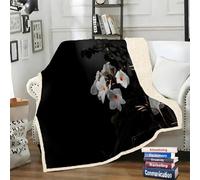 LLSZAHD Plaid Sherpa Double Face Fleurs Blanches - Noir - Couverture Chaude Hiver pour Petit Lit Double ou Canapé - Plaid Epais et Douillet 130x150 cm