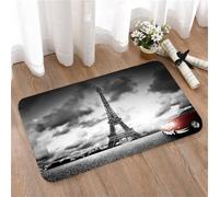 LMaFCaIGU Tapis de Porte Paillasson Interieur et Extérieur Antidérapant Absorbant,Tour Eiffel à Paris avec Voiture Rouge Vintage, Fond imprimé par Sublimation en Noir et Blanc,80x50cm