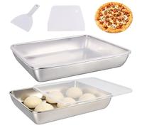 Lmaqfum Lot de 2 boîtes à pizza en acier inoxydable 304 avec couvercle | Grattoir à pâte, 35,6 x 27,9 cm, grand récipient de protection de la pâte à pizza pour pain et pizza faits maison