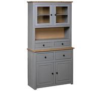 LMTYOENFG Buffet haut gris naturel 93 x 40,5 x 180 cm, buffet en bois de pin massif avec 4 tiroirs et portes en verre, vitrine rustique pour salon, salle à manger
