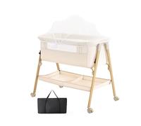 Lnhcrbs Lit Parapluie Bebe, Lit Cododo avec Matelas, Moustiquaire, Sac De Rangement, Roues Bloquables & Sangles-it pour Bebe pour 0-6 Mois,Jusqu'à 9kg-Bois Foncé