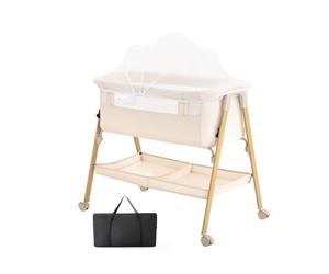 Lnhcrbs Lit Parapluie Bebe, Lit Cododo avec Matelas, Moustiquaire, Sac De Rangement, Roues Bloquables & Sangles-it pour Bebe pour 0-6 Mois,Jusqu'à 9kg-Bois Foncé