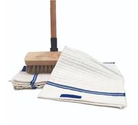LNT France Balai Brosse en Bois + 5 Serpillères 50x50cm | Fabriquées en France, Très résistants, Manche de 130 cm