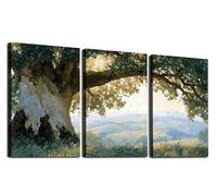 LNwnmyyg Countryside Oak arbre triptyque Sunlit collines Oil peinture Toile Set grand format paisible nature Art mural (70x90cmx3 cadre intérieur)