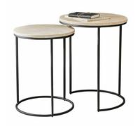 LOBERON Lot de 2 tables d’appoint Émorieux , beige/noir | Plateaux uniques en travertin, Structure en métal solide, Gigogne