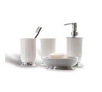 Loberon Millicent Set de Salle de Bains - Laiton et céramique - 2 gobelets, Une Coupe et Un Distributeur de Savon, Blanc/argenté