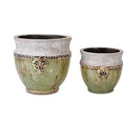 Loberon Montcony Lot de 2 Cache-Pots - Terre Cuite à la beauté Naturelle - Chaque pièce est Unique, Vert Vieilli/Gris