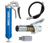 LockNLube Pistolet à graisse robuste avec poignée pistolet (bleu) Comprend notre coupleur à graisse breveté LockNLube® (se verrouille, reste en place, ne fuit pas) plus un tuyau de 50,8 cm de haute