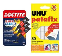Loctite Super Glue-3 Power Gel Mini Dose, colle forte enrichie en caoutchouc, lot de 3 tubes 1 g & UHU Patafix blanche - pastilles adhésives prédécoupées, pâte à fixer, blanche, 80 pastilles